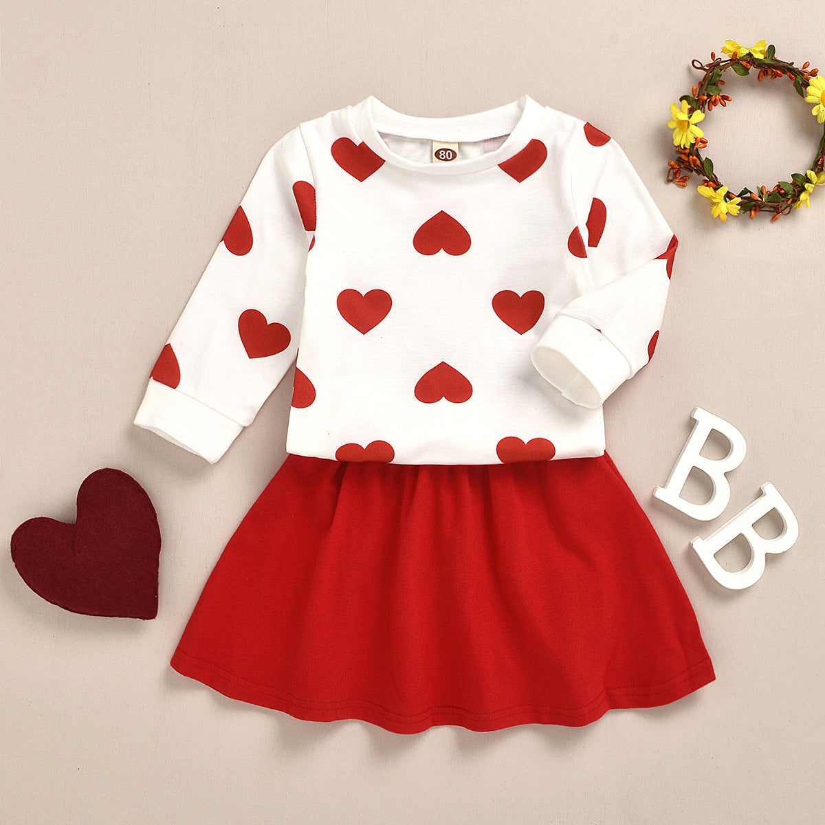 Wholesale Cotton Children's Love Long Sleeved Tops, Red Pleated Skirts